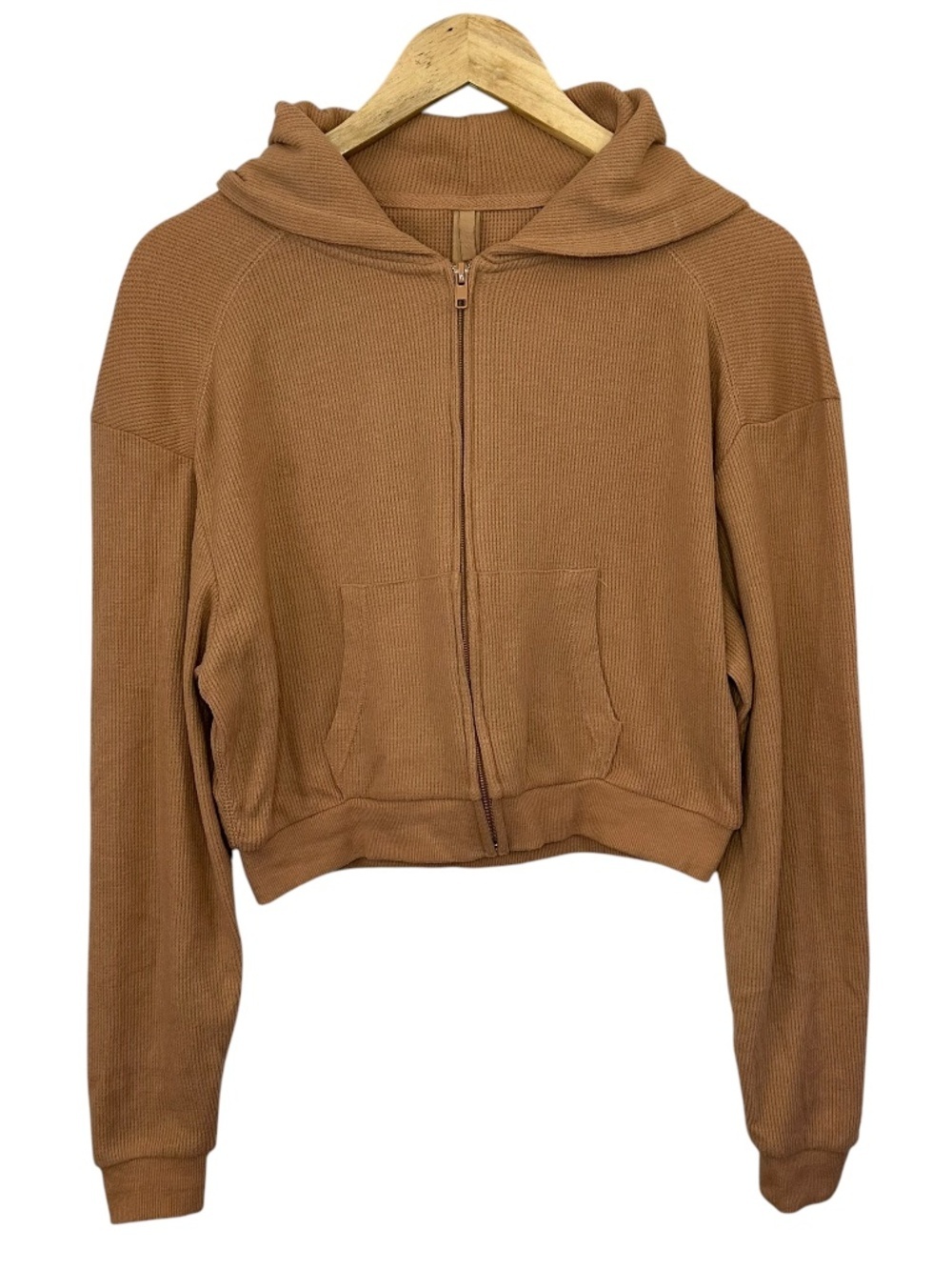 SKIMS Waffle Knit Cropped Zip Up Hoodie Size M Camel Tan Ochre Lounge Athleisure